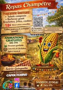 Affiche promotionnelle d&rsquo;un &eacute;v&eacute;nement intitul&eacute; &laquo; Repas Champ&ecirc;tre &raquo; sur un th&egrave;me rural et festif.  En haut de l&rsquo;affiche, le titre &laquo; Repas Champ&ecirc;tre &raquo; appara&icirc;t dans une banni&egrave;re rouge sur fond de guirlandes color&eacute;es et d&rsquo;un paysage de campagne.  &Agrave; gauche, un encadr&eacute; &laquo; Programme gourmand &raquo; pr&eacute;sente le menu :  Salade compos&eacute;e Barbecue g&eacute;ant Brochettes, frites, cookies  Le tarif indiqu&eacute; est de 18 &euro; avec la mention &laquo; R&eacute;servation conseill&eacute;e &raquo;.  &Agrave; droite figurent des informations pratiques :  Scannez le QR code pour r&eacute;server Paiement possible sur place ou &agrave; l&rsquo;avance Num&eacute;ro de t&eacute;l&eacute;phone affich&eacute; pour renseignements  Au centre et &agrave; droite de l&rsquo;affiche se trouve une grande illustration d&rsquo;un &eacute;pi de ma&iuml;s anthropomorphique avec des yeux et un sourire, tenant une guitare dans une ambiance festive de guinguette.  Une section &laquo; Animations gratuites &raquo; indique :  D&egrave;s 17 h Structure gonflable Concours de fl&eacute;chettes Ap&eacute;ro musical  En bas de l&rsquo;affiche :  &laquo; Soir&eacute;e guinguette &raquo; Musique assur&eacute;e par le groupe &laquo; Capoutchino &raquo;  Dans le coin inf&eacute;rieur droit :  Date : samedi 23 mai &Agrave; partir de 17 h  Dans le coin inf&eacute;rieur gauche figurent des ic&ocirc;nes de r&eacute;seaux sociaux et des coordonn&eacute;es de contact.  L&rsquo;ensemble utilise une ambiance chaleureuse, champ&ecirc;tre et festive avec des couleurs dominantes jaune, orange et rouge, ainsi que des &eacute;l&eacute;ments d&eacute;coratifs comme des fanions et des lumi&egrave;res de f&ecirc;te.